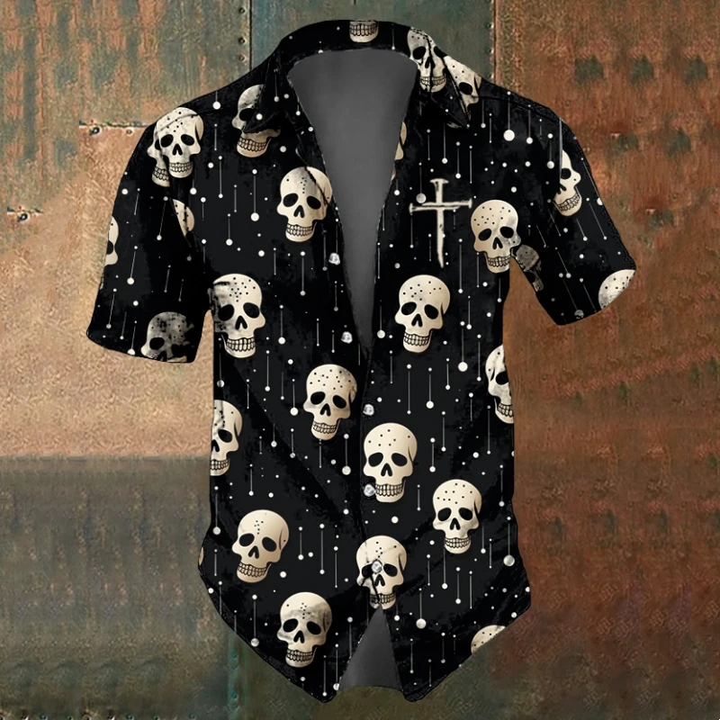 Casual Short Sleeved Shirt Short Sleeved Shirt Men's Skull Shirts Summer Casual Short Sleeve Shirt for Men Black White Printed Men's Clothing Loose Oversized Lapel Shirts Top