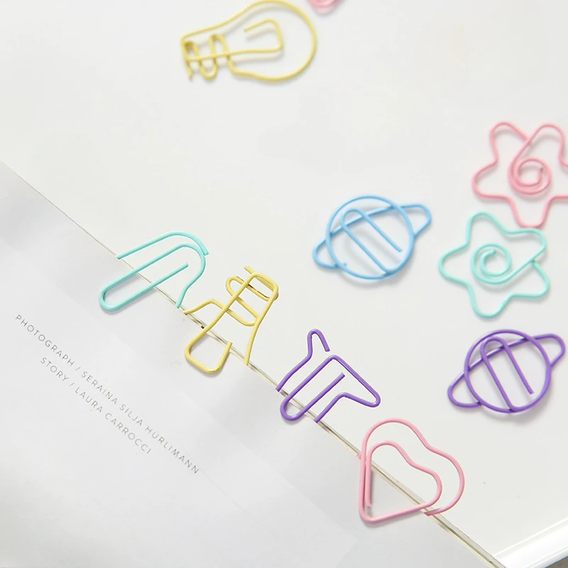 10pcs Candy Color Paper Clips Cartoon Bookmark Paper Decorative Clip Metal Binder Clips Stationery Photos Tickets Organizer