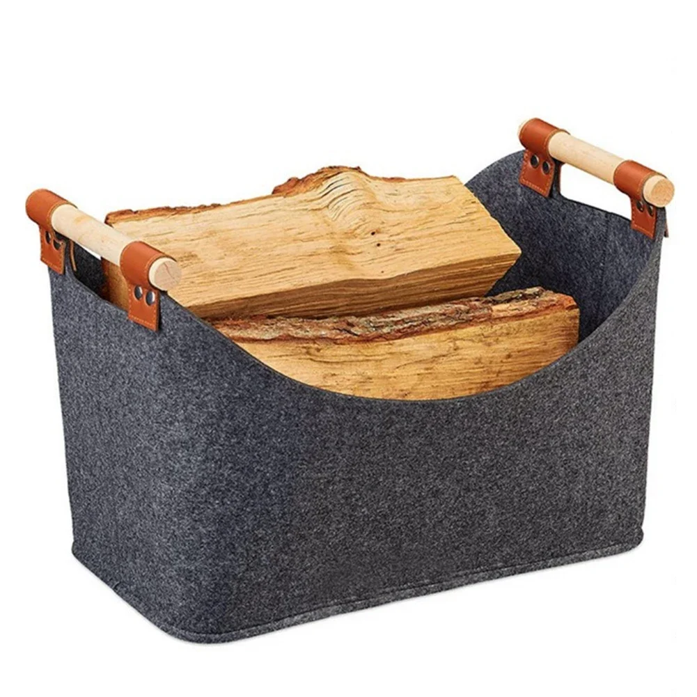 45 X 32 X 40 Cm 57 L Firewood Box Felt Basket with Wooden Handles Large Capacity Foldable Wood Basket for Fireplace & Wood Stove 2
