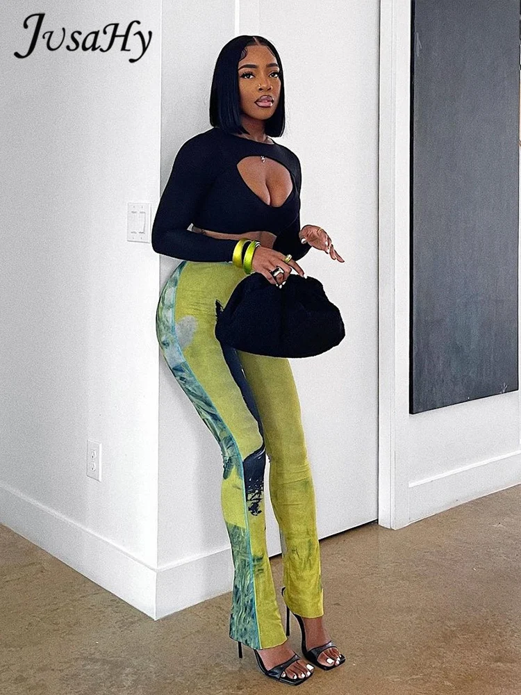

JuSaHy Y2K Tie Dye Print Long Pants for Women High Waist Slim Elastic Trousers Casual High Streetwear Summer Hot New
