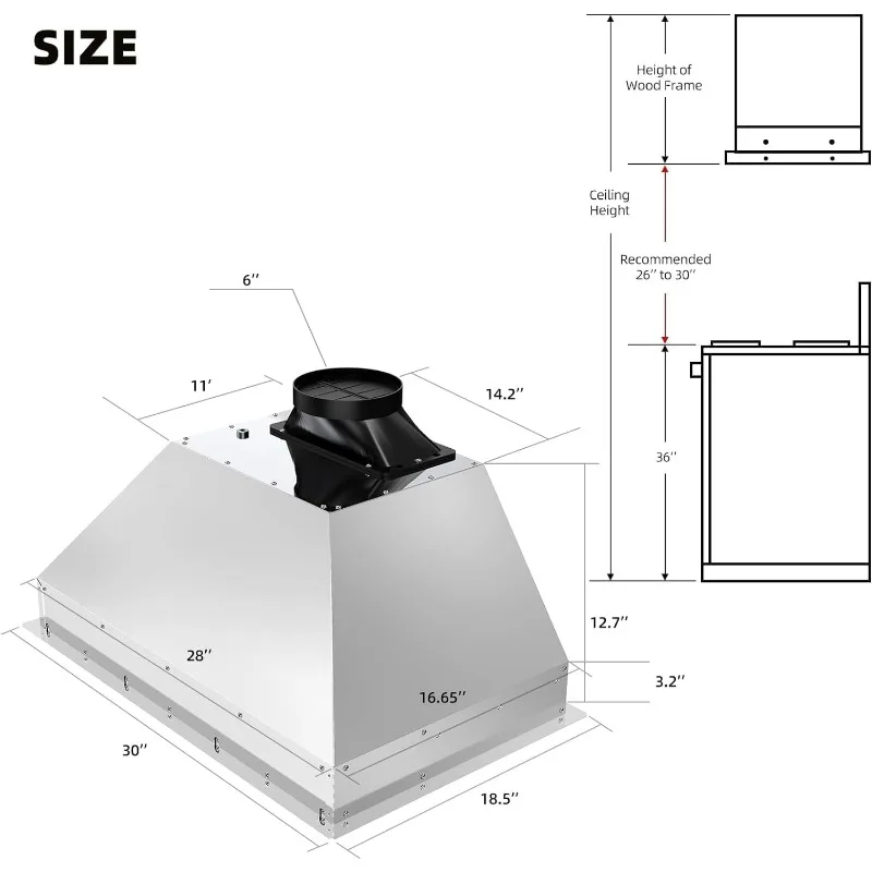 30 Inch Insert Range Hood with Voice/Gesture/Touch Control, 900 CFM Built-in Kitchen Hood Vent with 4 Speed Exhaust Fan 6