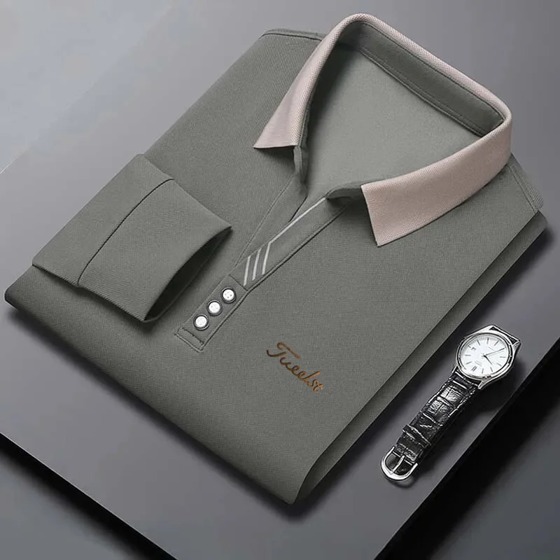 2024Leisure summer Autumn New Men's Long-sleeved Polo Shirt Business Casual Slim Elastic Top Fashion Scissor Collar Solid Color