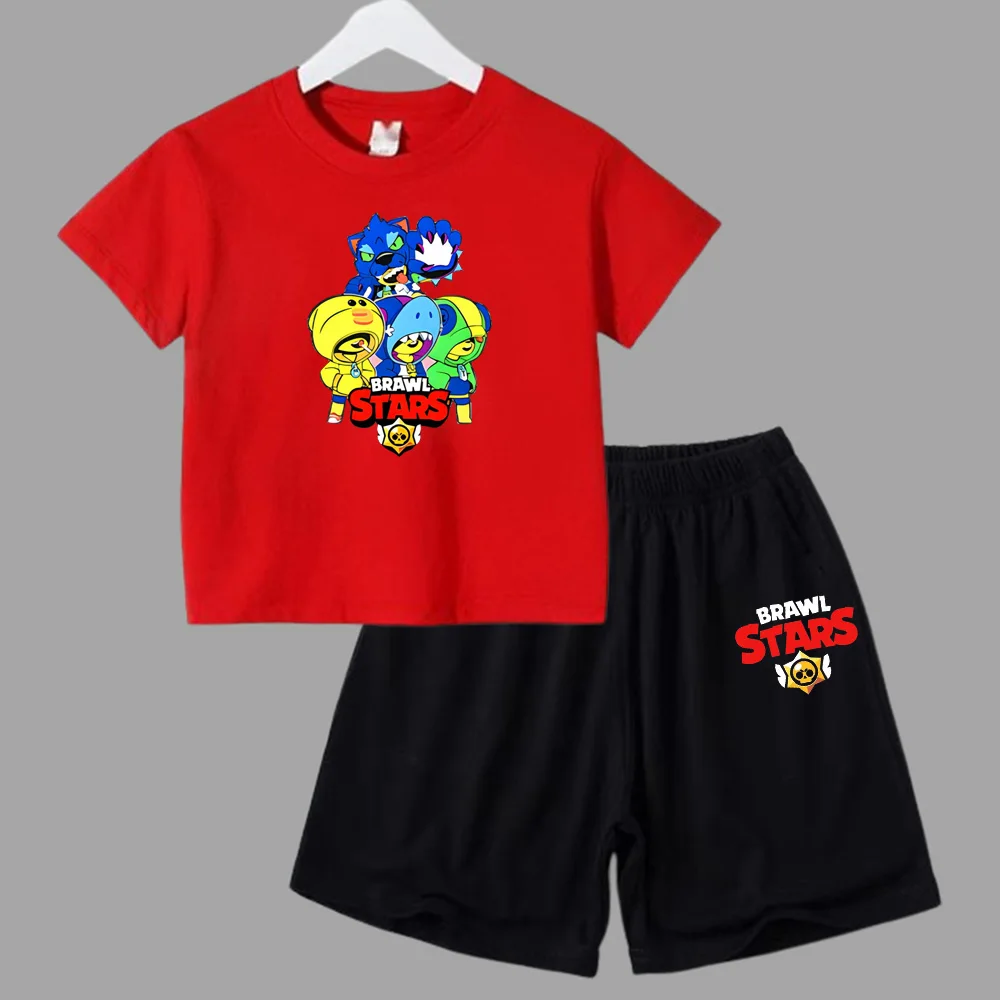 thumbnail image 1 of Conjunto de 2 piezas de camiseta de manga corta y pantalones cortos con estampado de anime de verano para niños y niñas, ropa informal de cuello redondo, 1 of 5