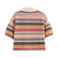 2024 Autumn European And American New Women's Fashion Casual Stripe Printed Short Sleeve Flip Collar Cardigan Casual Shorts Set 2
