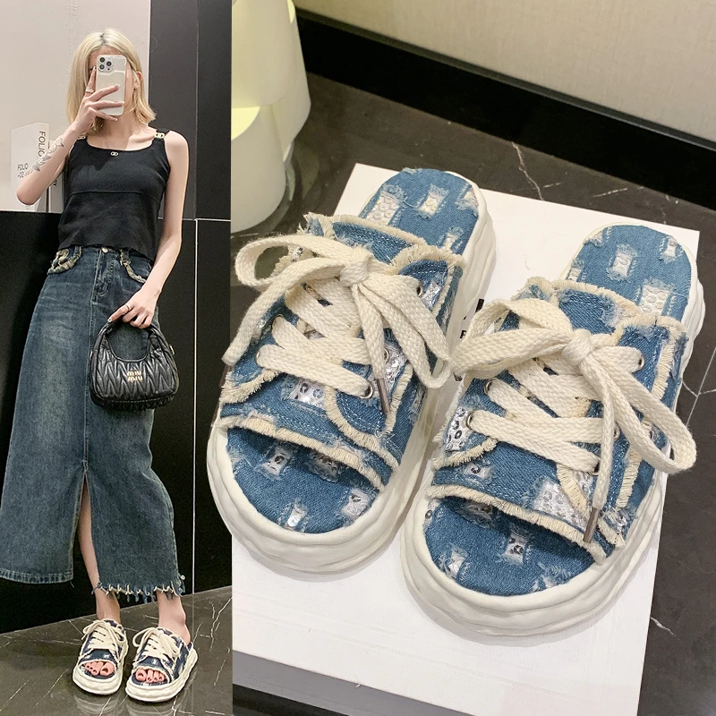 

2024 New Thick Sole Half Length Women's Summer Outerwear Canvas Strap Casual Fashion Anti Slip Sandals