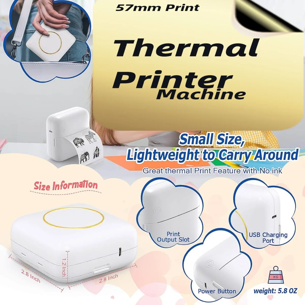 Wireless Mini Thermal Printer - Portable Label Maker, 200dpi High Resolution, USB Rechargeable, App Connectivity, No Ink Needed