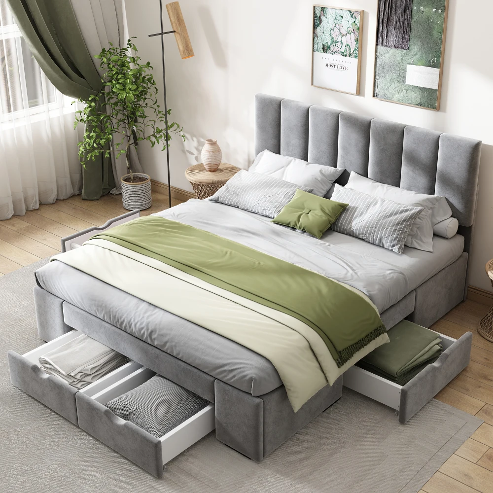 Luxuriöses Graues Samt-Polsterbett 140x200cm Modernes Schlafzimmerbett mit Lattenrost, Kopfteil und 4 Aufbewahrungsschubladen – Detail 4
