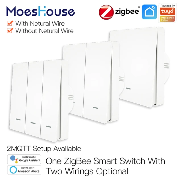 MoesHouse Tuya ZigBee Smart Light Switch No Neutral Wire No Capacitor Needed Smart Life 2/3 Way Works with Alexa Google Home