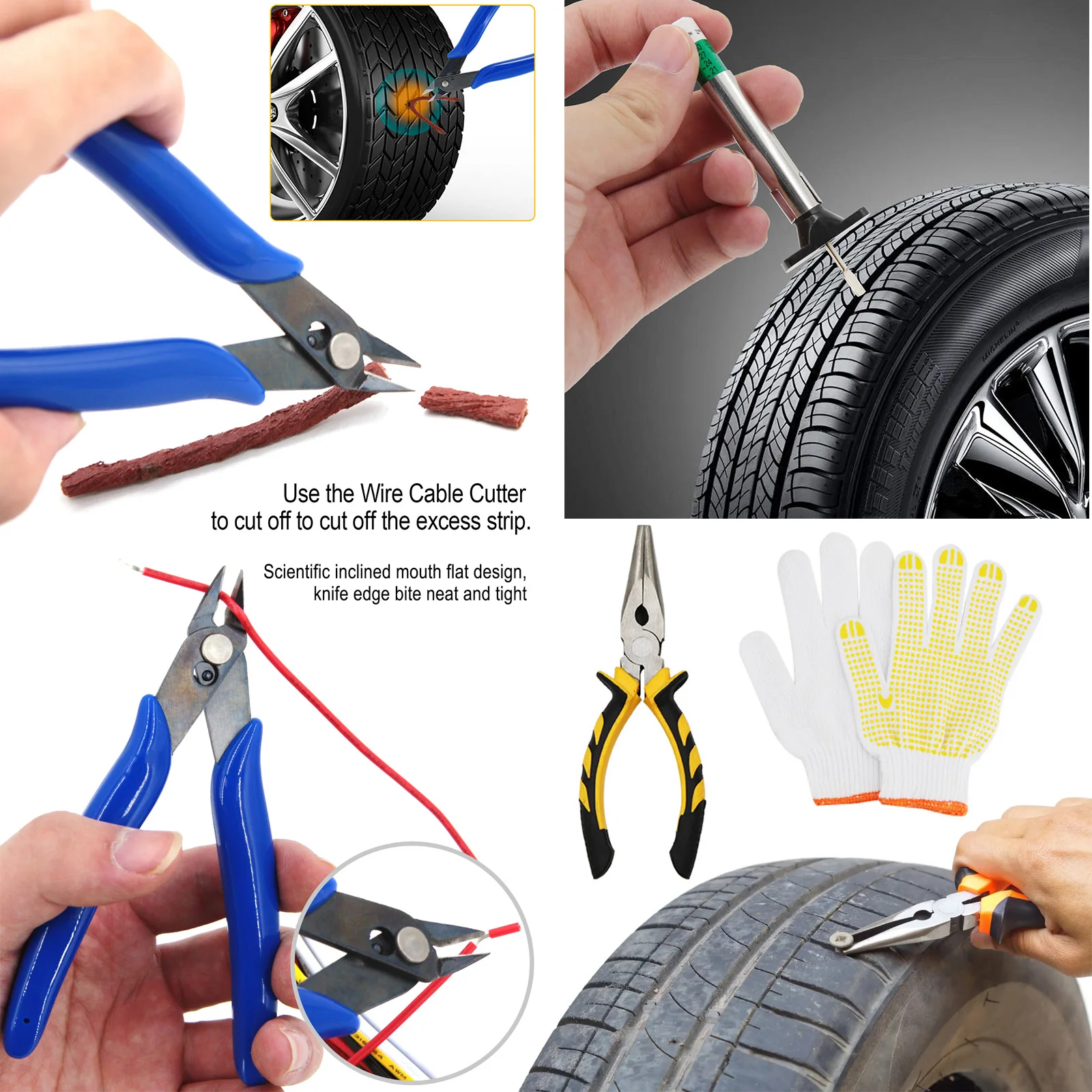 Puncture Repair Kit Tubeless Tyre Full Set with Nose Pliers, Rubber Ce