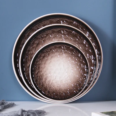 סט של 3 יחידות, צלחות ארוחה משובצות בצבע פורצלן, עיצוב אבן, צלחת קרמיקה לאכילה, צלחת שירות לקישוט