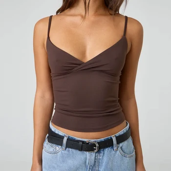 Y2k Clothes Women's Summer Cropped Cami Tops Sleeveless Open Back V Neck Solid Color Slim Fit Tank Tops 1