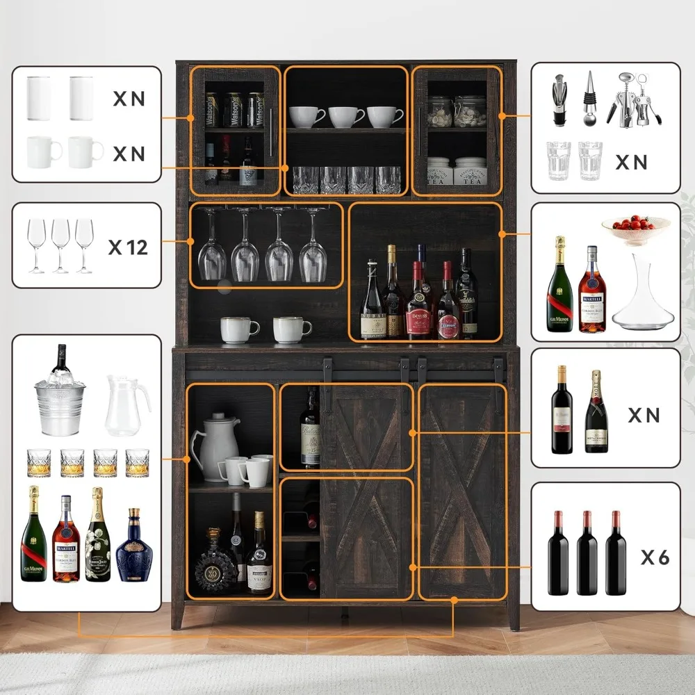 Farmhouse Coffee Bar Cabinet with Sliding Barn Door, 70" Tall Buffet Cabinet with Storage Shelves, Liquor Wine