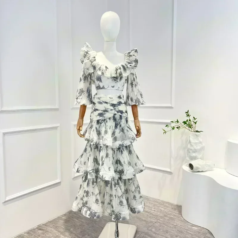 

2023 New Spring Summer Top Quality Solid Vintage Luxury Ruffles Short Puff Sleeve Frill Woman Midi Skirt Set
