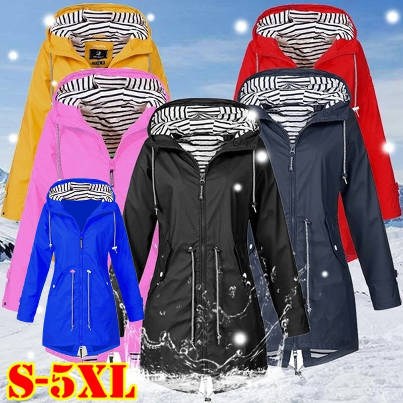 Women Long Coat Waterproof Zipper Rain Jacket Solid Color Ladies Windbreaker Outdoor