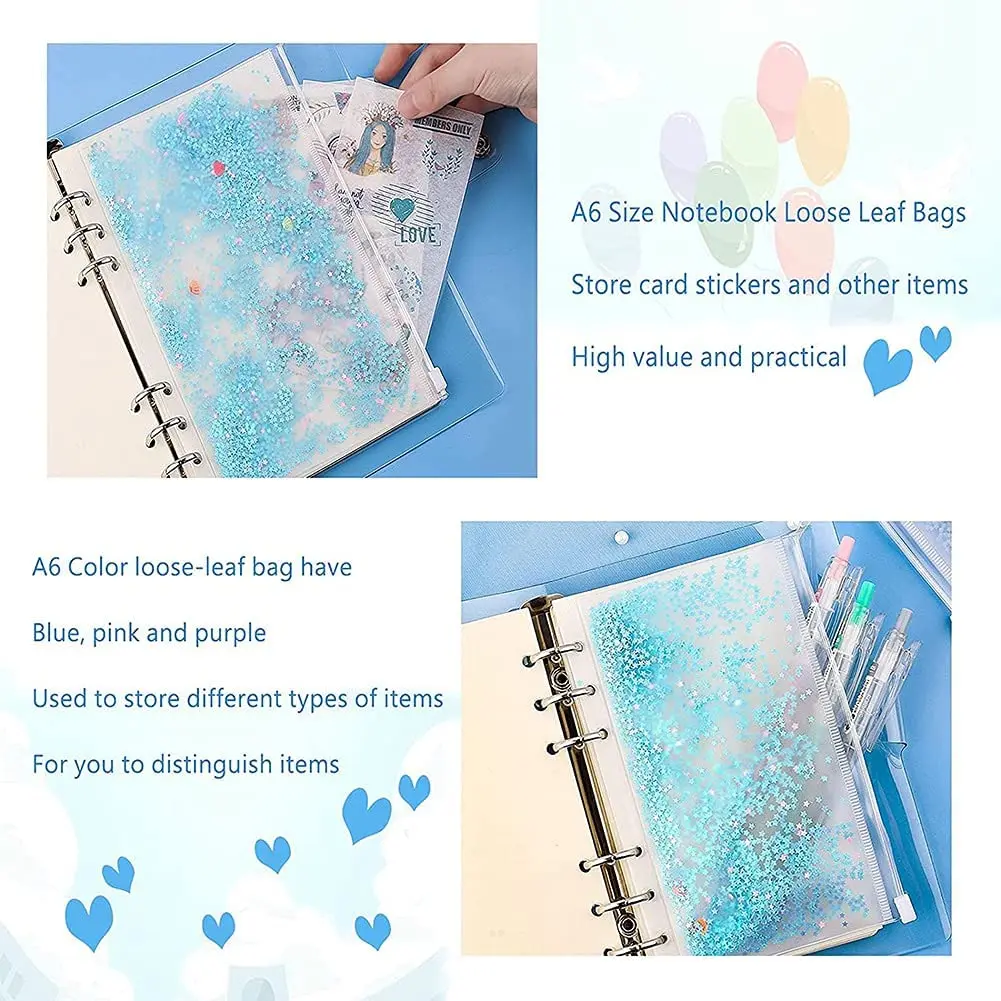 12Pcs A6 Glitter Zipper Binder Pockets for Notebook Planner
