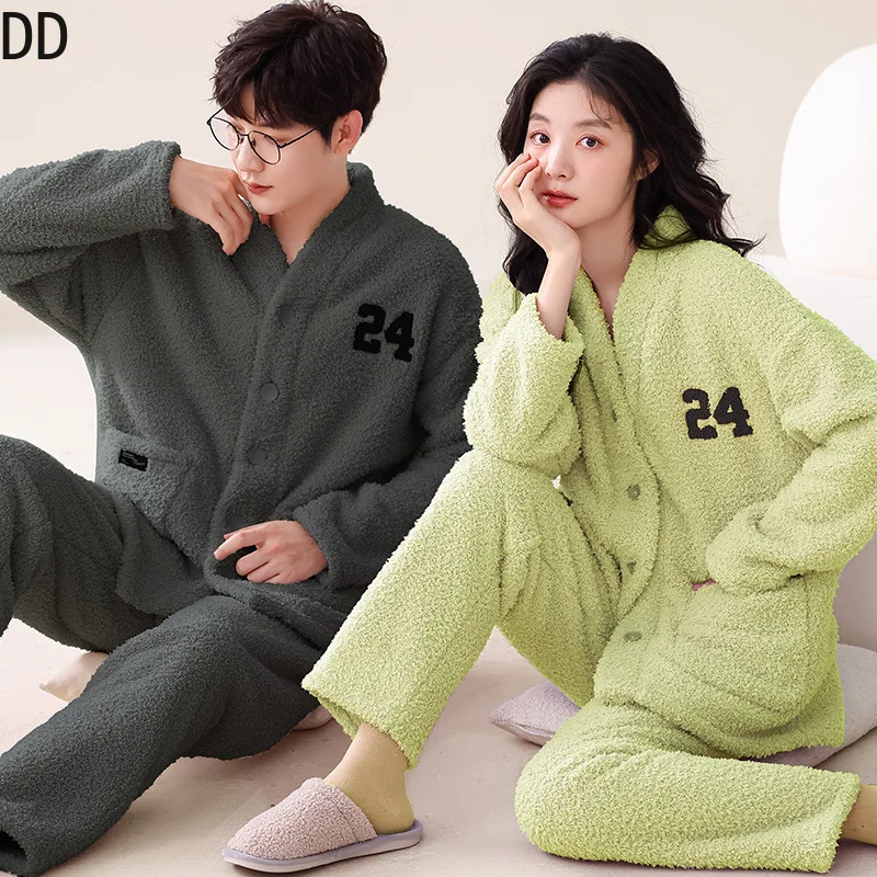 

Couple Pajamas Suit Winter New Coral Velvet Soft Warm Sleepwear Men Autumn Plus Coral Fleece Thermal Homewear Female Male Pyjama