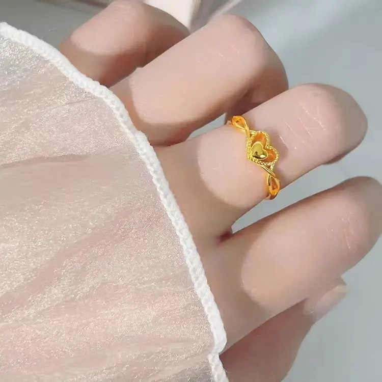 Au999 Yellow Gold Heart Ring Women Niche Design Heart to Heart Open Finger Ring Light Luxury Stacked Heart Ring 3