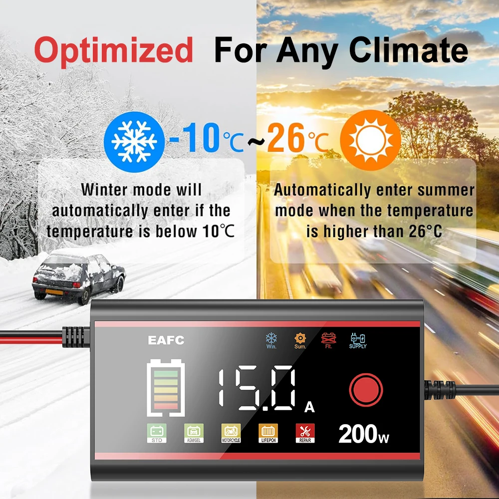 EAFC 200W/100W Automatic Car Battery Charger 12V 15A/8A for Lead-Acid, LiFiPO4, GEL, and AGM Batteries