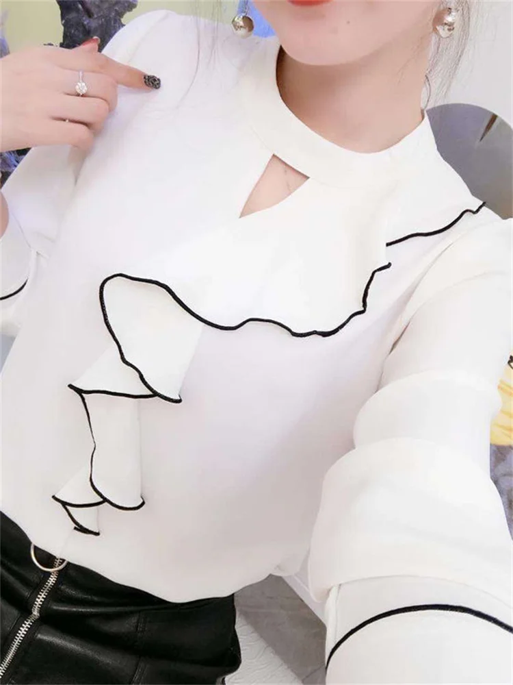 Vrouwen Lente Zomer Stijl Chiffon Blouses Shirts Lady Casual Lange Mouwen Ruches Decor Stand Kraag Chiffon Blusas Tops DF3148