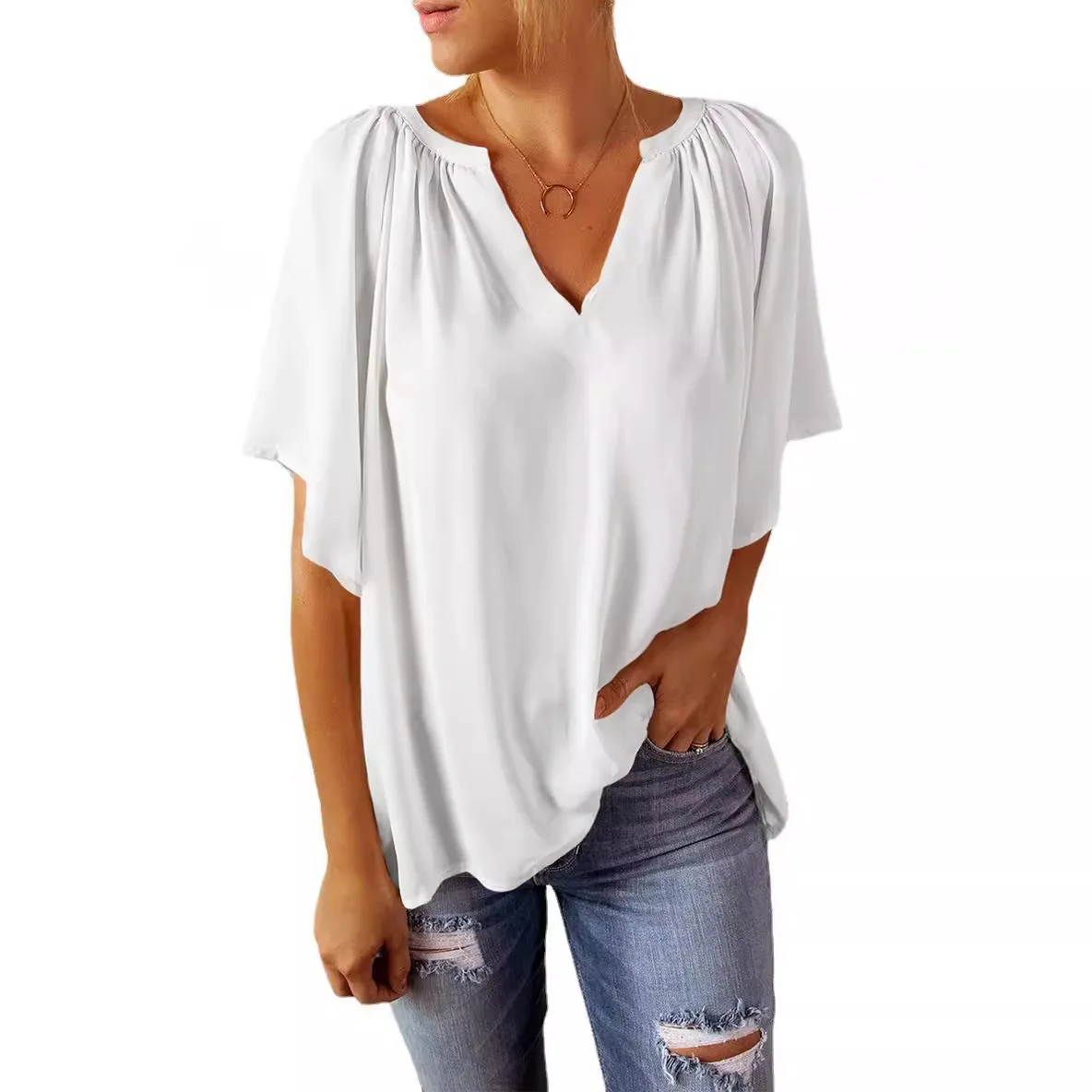Casual Female V Neck Half Sleeve Loose T Shirts