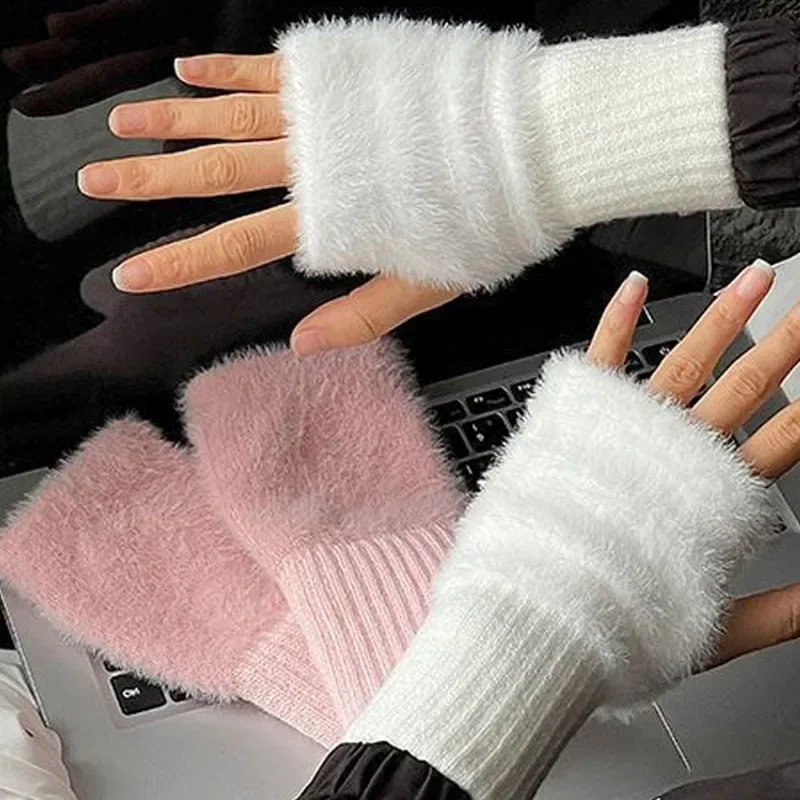 Women's Winter Warm Mink Fleece Soft Half Finger Gloves Luxury Solid White Plush Knitted Fingerless Glove Wrist Mittens Writting