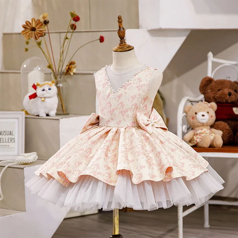 

Simple Sleeveless Flower Girl Dress O-Neck Knee-Length Tulle Ball Gown Beading Bow Birthday Party Dresses Performance Wear