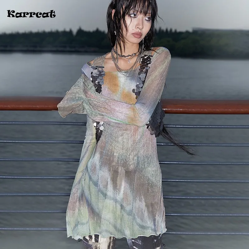 Karrcat Trashy Y2k-Tops de malla teñido anudado, estética Grunge, manga acampanada, Tops transparentes, camiseta Vintage Harajuku de gran tamaño transparente