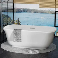 67" Acrylic Freestanding Bathtub, Deep Contemporary Soaking Tub With Chrome Overflow and Pop Up Drain, Oval Shape Bathtub, White 1