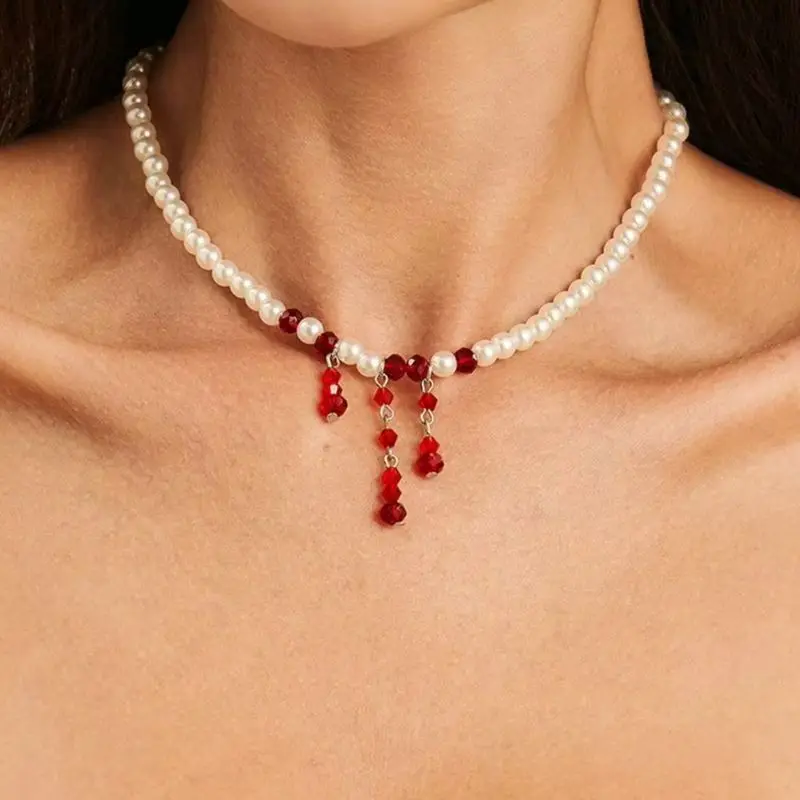 SHIXIN Gothic Red Crystal Blood Drop Quaste Choker Halskette für Frauen Elegante Imitation Perle Kette Halloween Hals Schmuck Geschenk