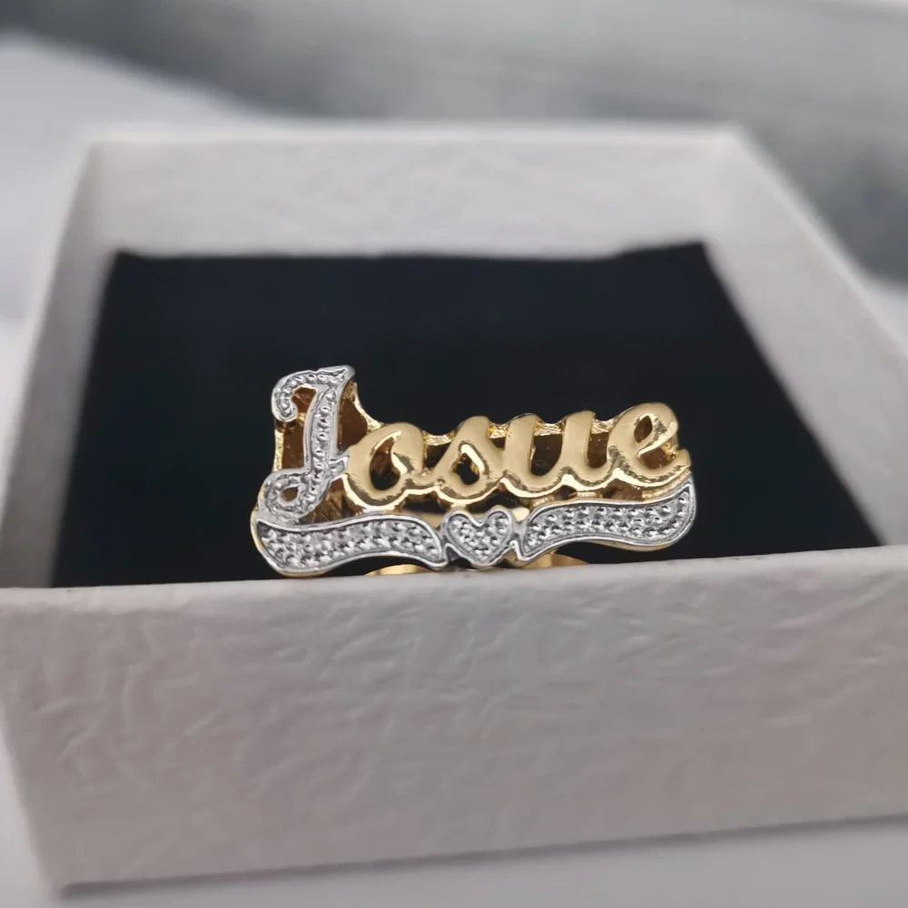 

LeeChee 3D Two Color Custom Heart Name Ring Hiphop Personality Rings Gift For Men