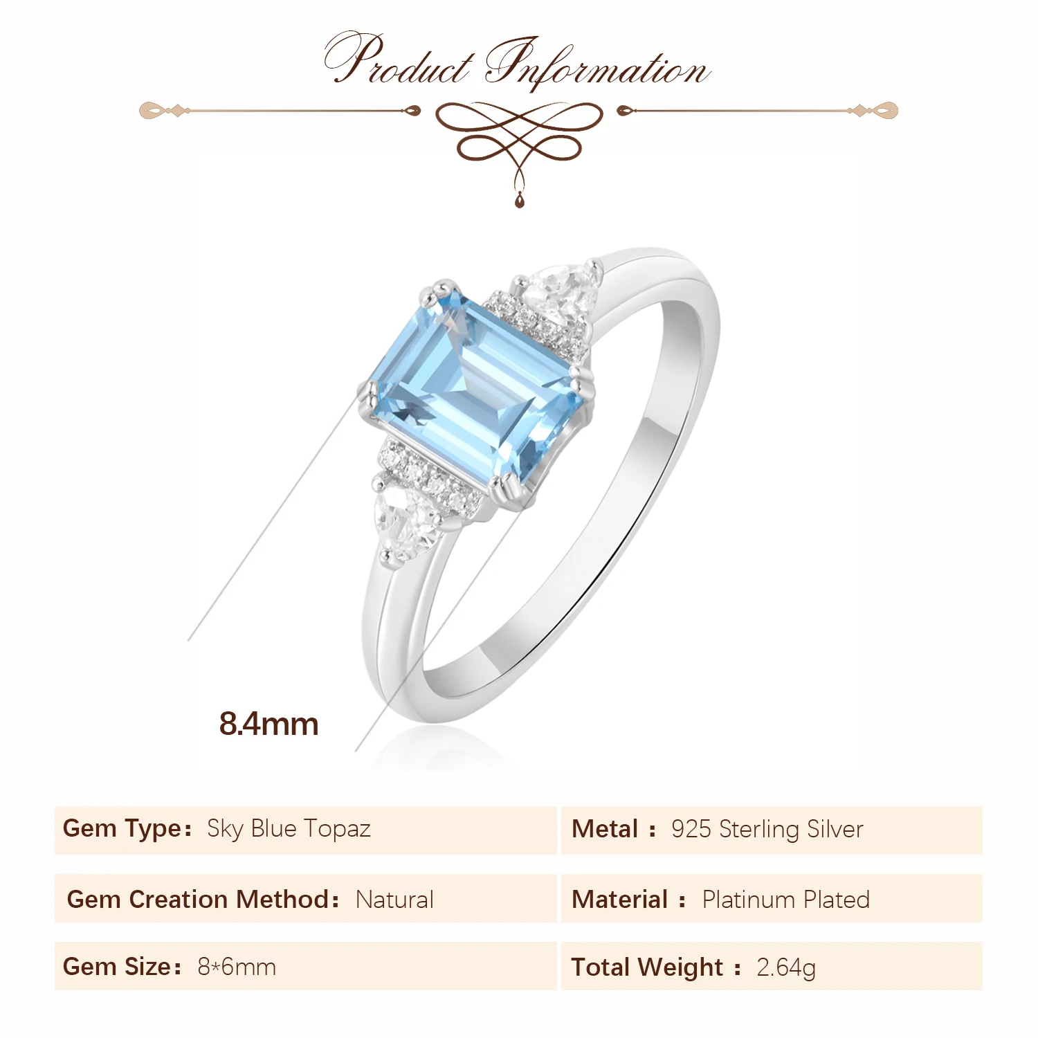 Potiy Sky Blue Topaz 에메랄드 커팅 반지, 여성용 선물,  쥬얼리, 우아한 발렌타인 패션, 무료 배송