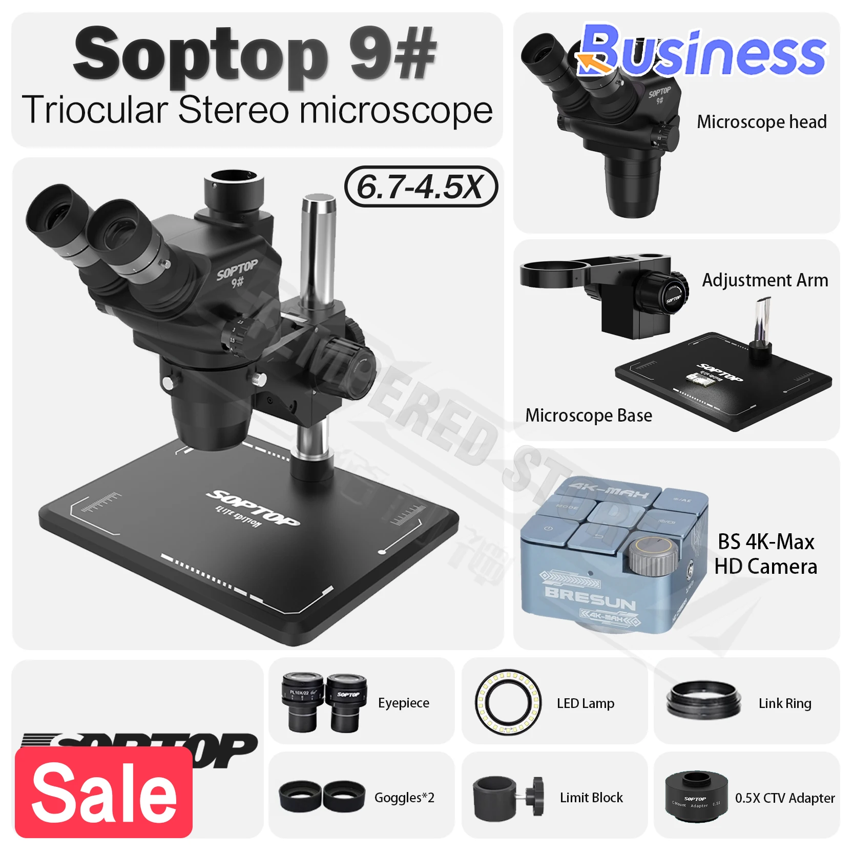 SOPTOP 삼안 현미경 9 6.7-4.5배 연속 줌 0.5배 조정 가능 모바일폰 전자제품 용접 수리 도구 세트