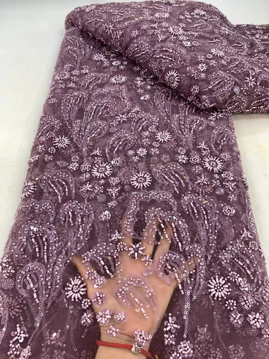 Lace Fabric 5 Yards African Sequins Beaded Pink French Nigerian Party