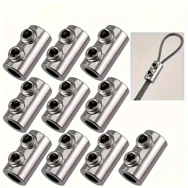 Adjustable Stainless Steel Wire Rope Lock Clamps 10pcs Self-Locking Fasteners for Home Renovation Double Hole Telescopic