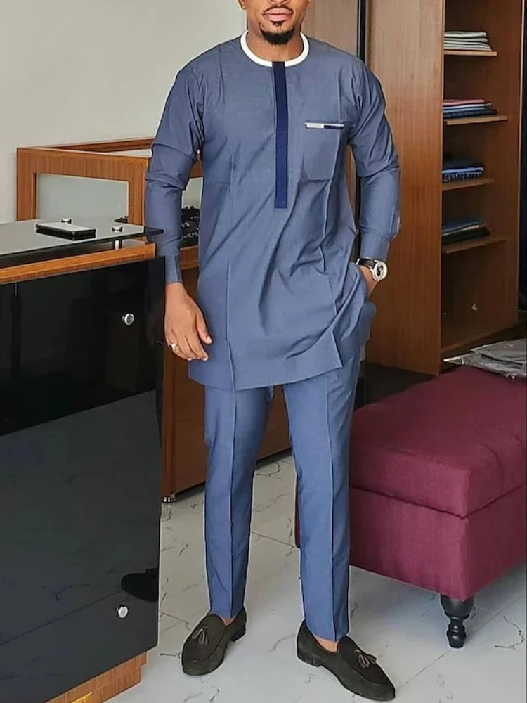

Men's luxury fashion leisure navy blue geometric print two-piece set