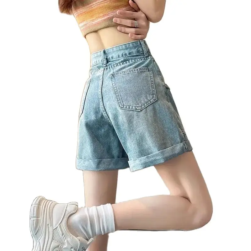 Denim Shorts Rolled Pocket Design Loose Wide Leg Women'S 2024 Summer Thin Versatile Slimming Side Elastic Waist Straight Pants