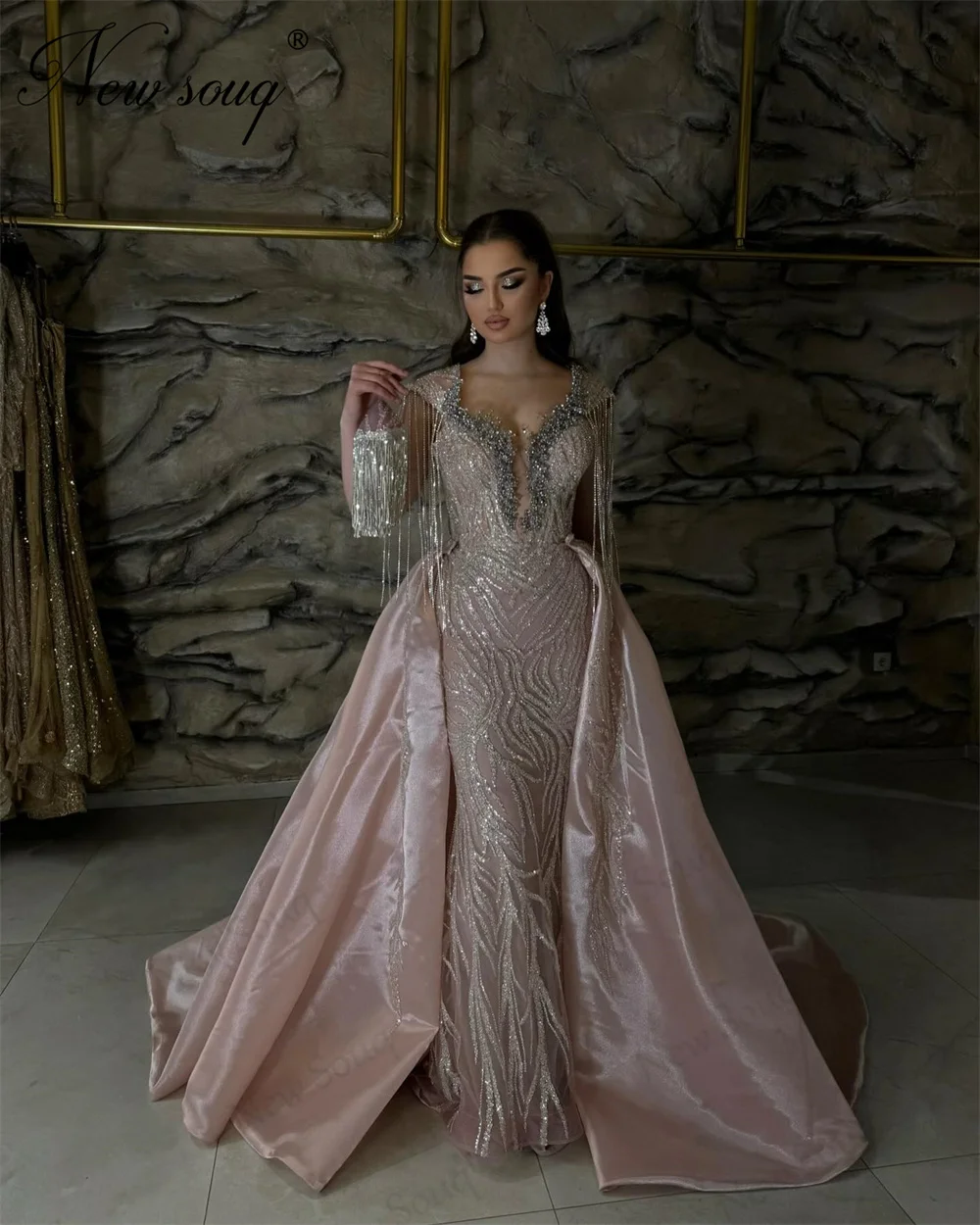 Haute Coutures Pink Beaded Evening Dresses Luxury Crystals Tassel Wedding Party Dress Dubai Prom Dress 2024 Vestidos De Cóctel