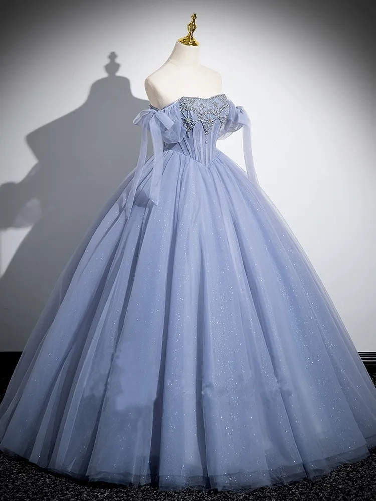Blue Quinceanera Dresses Short Sleeve Beading Banquet Dress Prom Ball Gown Vestidos De 15 Quincea&ntilde;era Customized