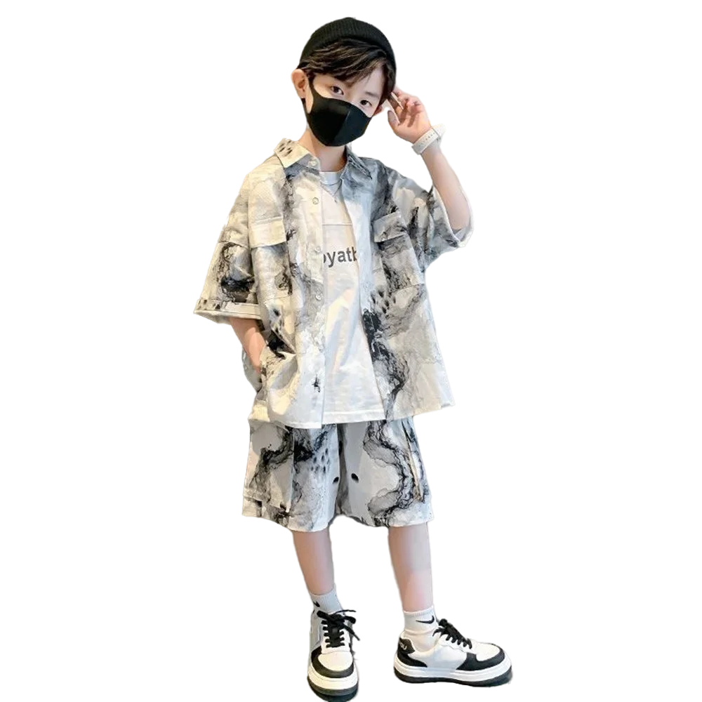 

Boys Summer Trendy Casual Sports 2pcs Oil Painting T-shirts + Shorts Suits 5-14 Years Teenage Boys Hip Hop Outfits Clothes Sets
