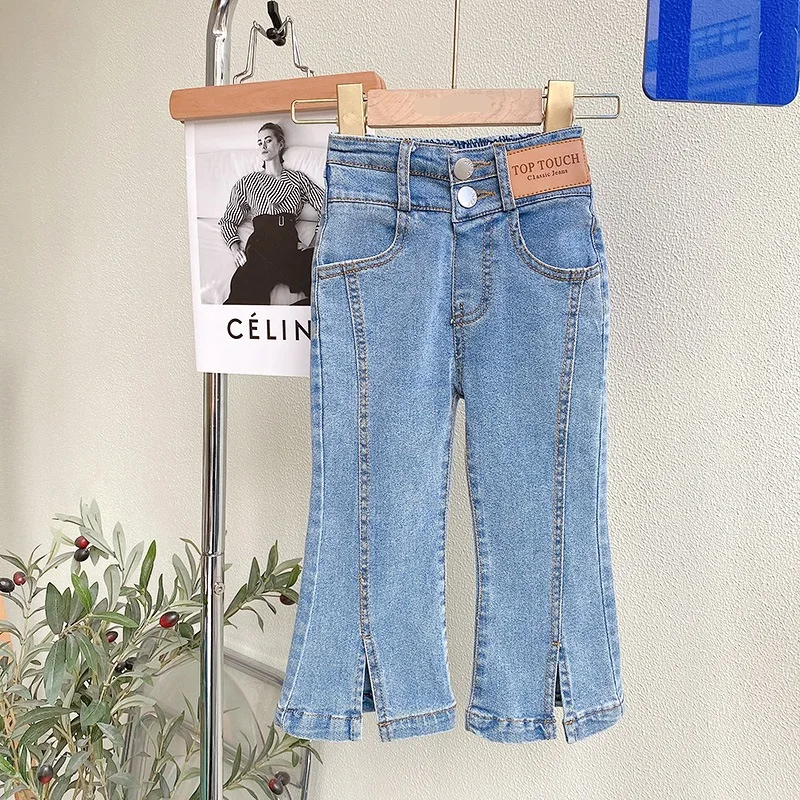 

Girls Jeans 2023 Spring Autumn Korean Version Children Cowboy Split Boot Cut Kids Solid Color High Waist Button Fly Casual Pants