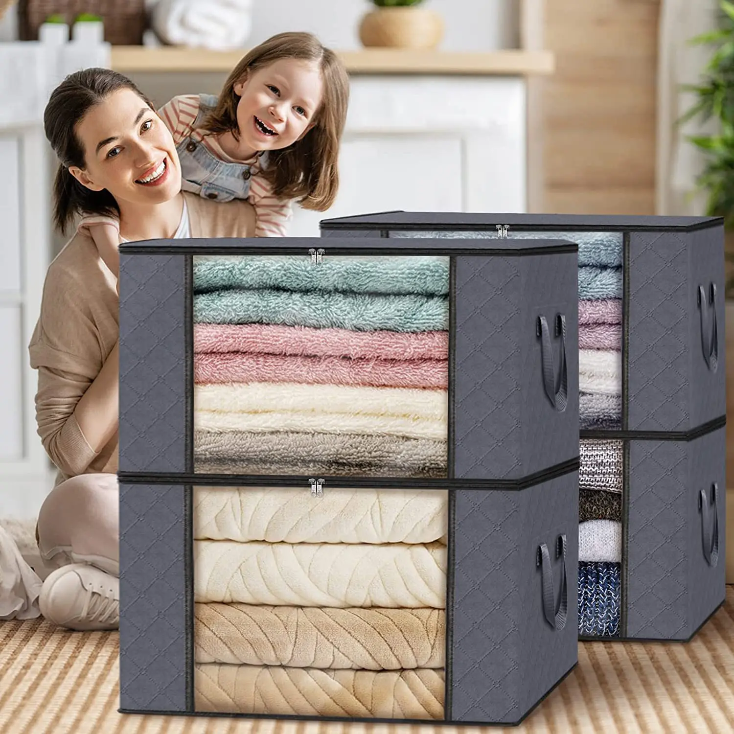 4 stackable clothing storage bags, used for organizing bedrooms, closets, home organizing and storage with covers, gray, black 2