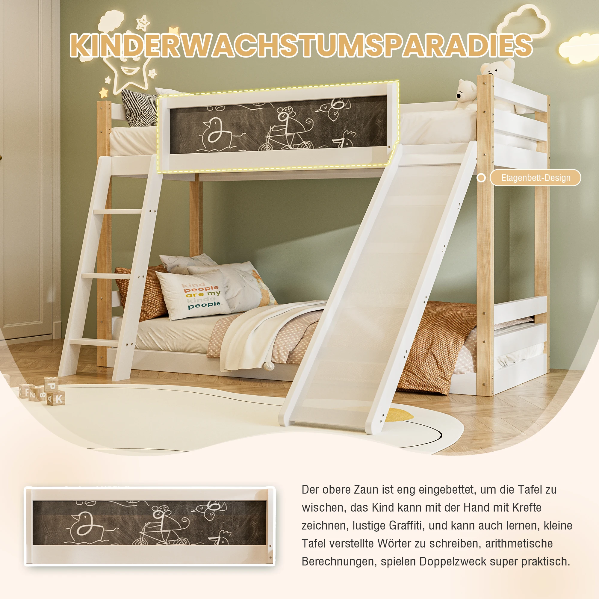 KOMHTOM Kinder Etagenbett mit Rutsche & Treppe, Stabiler Wood, PB-Rahmen, 4-seitigem Schutzgitter – Detail 4
