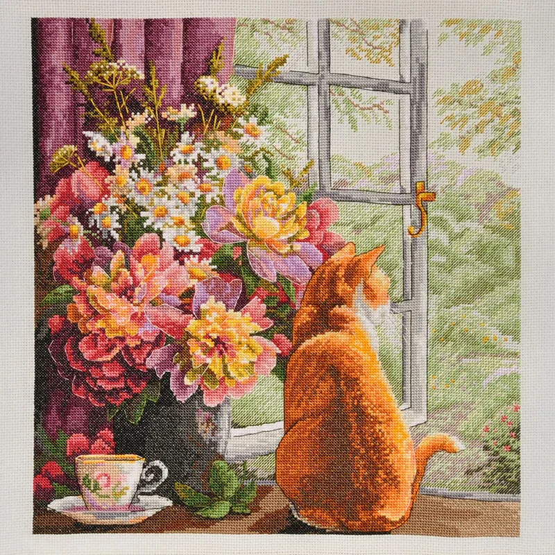 Merejka Beautiful Counted Cross Stitch Kits Embroidered Home Decoration Summer Afternoon Window Sill Cat K-86