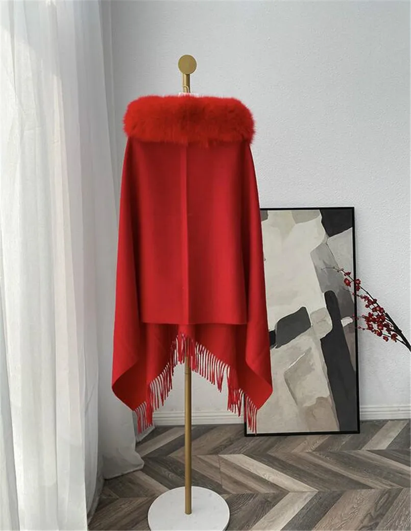 Neue Winter Mode Frauen Wolle Ponchos Mantel mit Echt Fox Pelz Trim Weibliche Mäntel Warme Schal Schal Wraps – Detail 17