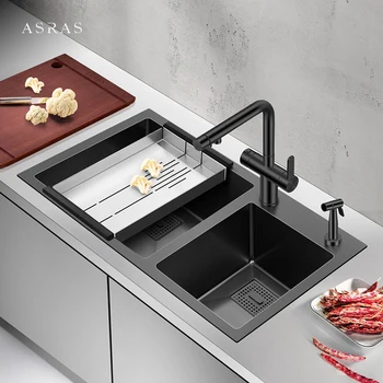 ASRAS 7843 และ 8245 นาโนเมตรชามคู่อ่างล้างจาน 304 สแตนเลสขนาดใหญ่ Handmade NANO เทคโนโลยีอ่างล้างจานคู่ 1