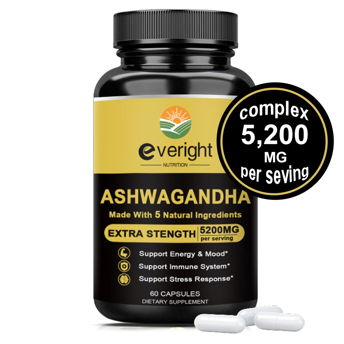 

5in1 Premium Ashwagandha Capsules - High Nutrition Extracted Equivalents to 5200mg Powder - Strength, Spirit & Immune Support