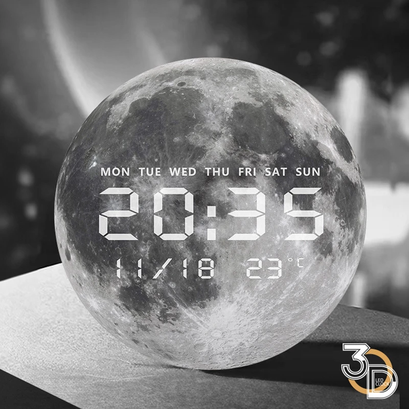 3D LED Wall Clock Date Temperature Digital Display Moon Home Watch Art Wall Decor Hanging Horologle Power by USB