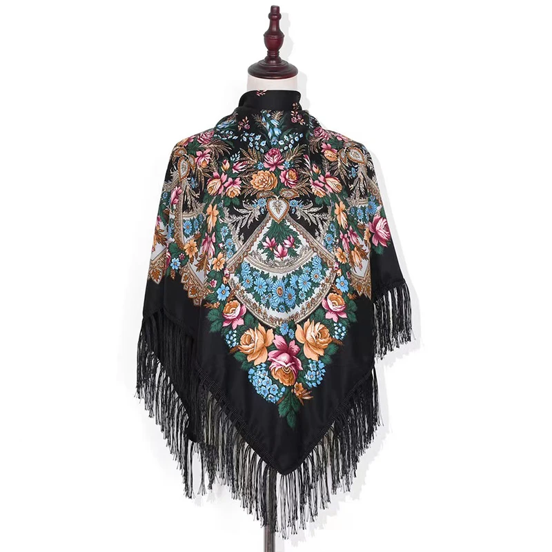 

130*130cm Women Russian Style Big Square Scarf Shawl Retro Fringed Cotton Print Scarves Hijab Wraps Ethnic Shawls Bandana
