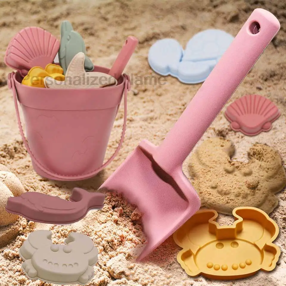 Silicone Toys Set Collapsible Sand Toys Travel Sand Box Toys Sand Bucket Shovel and3D Marine Theme Molds for Summer Outdoor Toys 3