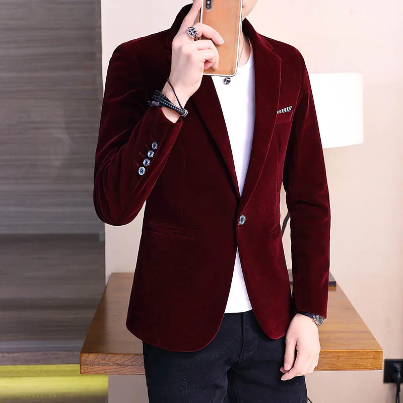 Autumn Men Slim Blazer Formal Wear Dress Burgundy Velvet Blazers Male Fashion Casual Suits Jackets